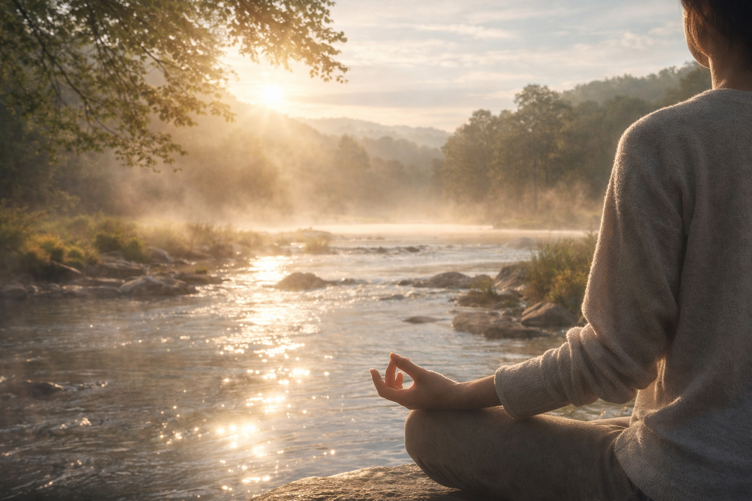 柔らかな光の中、川辺で瞑想する人と静かな流れ
