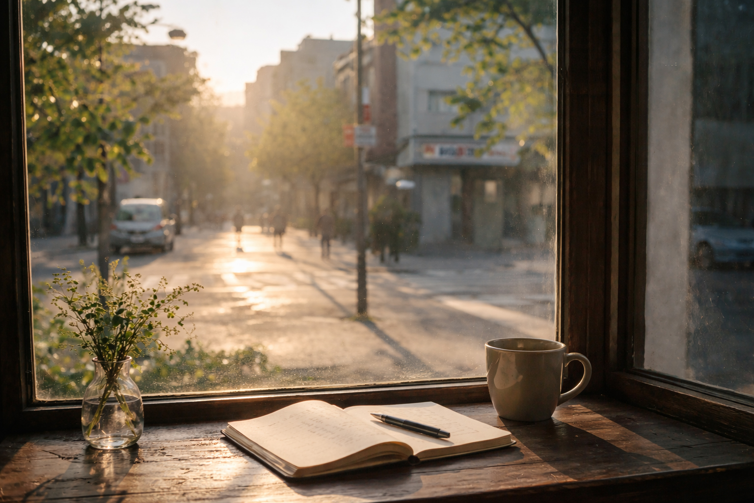 柔らかな光が差し込む窓辺で、ノートとマグが置かれた静かな机