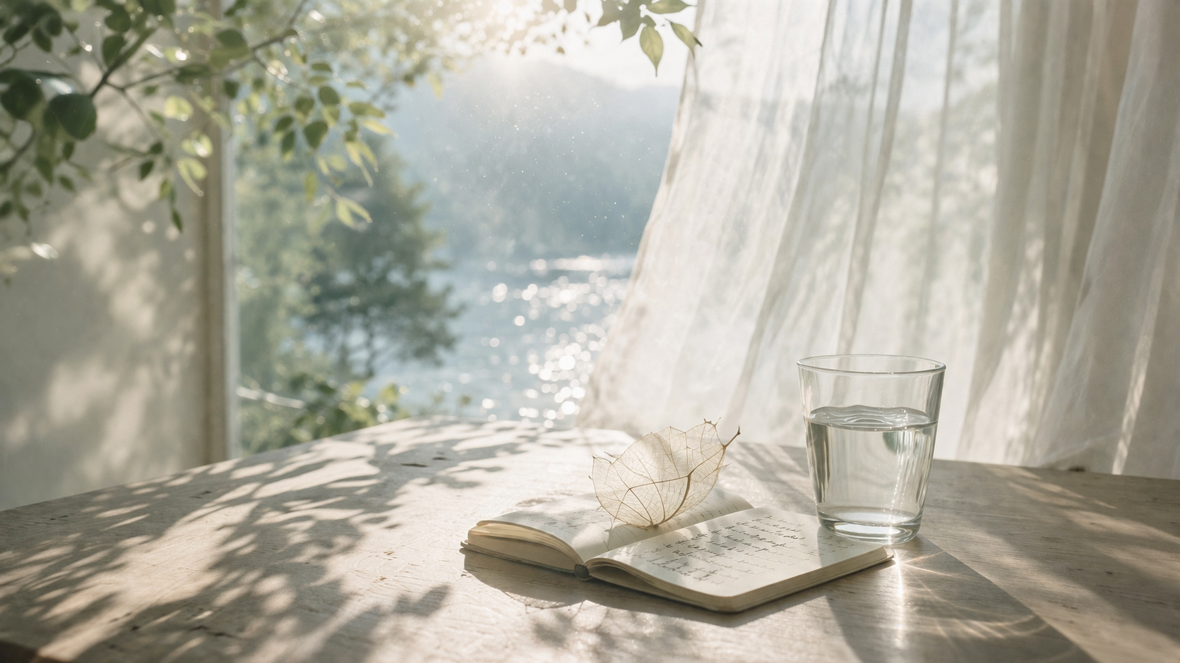 柔らかな光に照らされた窓辺のノートと葉、静かな朝のテーブル